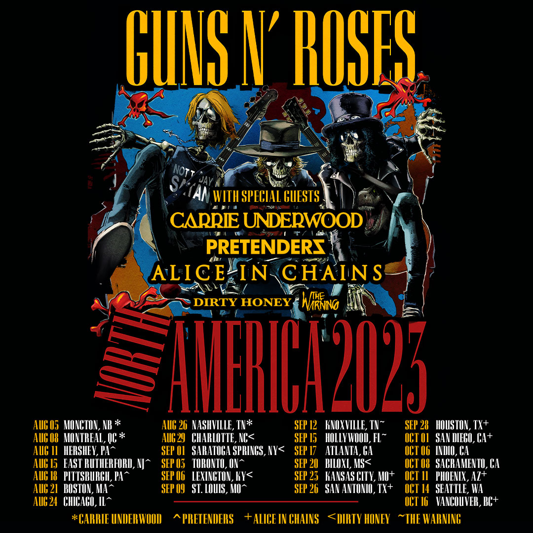 GUNS N’ ROSES ANNOUNCE CARRIE UNDERWOOD, THE PRETENDERS, ALICE IN CHAINS, THE WARNING, AND DIRTY HONEY WILL SUPPORT 2023 WORLD TOUR ON SELECT DATES