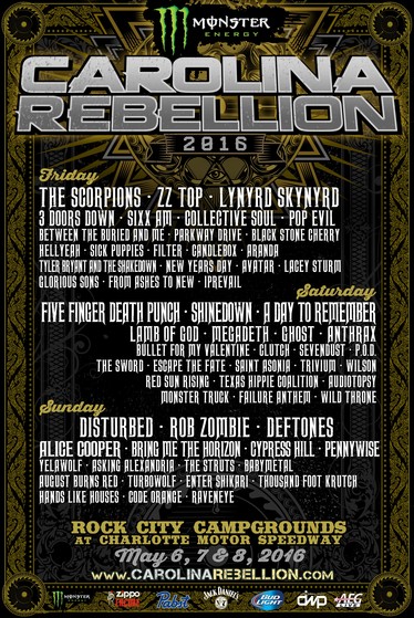 MONSTER ENERGY CAROLINA REBELLION EXPANDS TO THREE FULL DAYS IN 2016 MAY 6, 7 & 8 AT ROCK CITY CAMPGROUNDS AT CHARLOTTE MOTOR SPEEDWAY IN CONCORD, NC