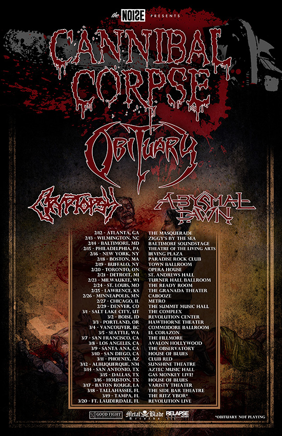 CANNIBAL CORPSE Enlists Obituary, Cryptopsy, And Abysmal Dawn For 2016 North American Tour