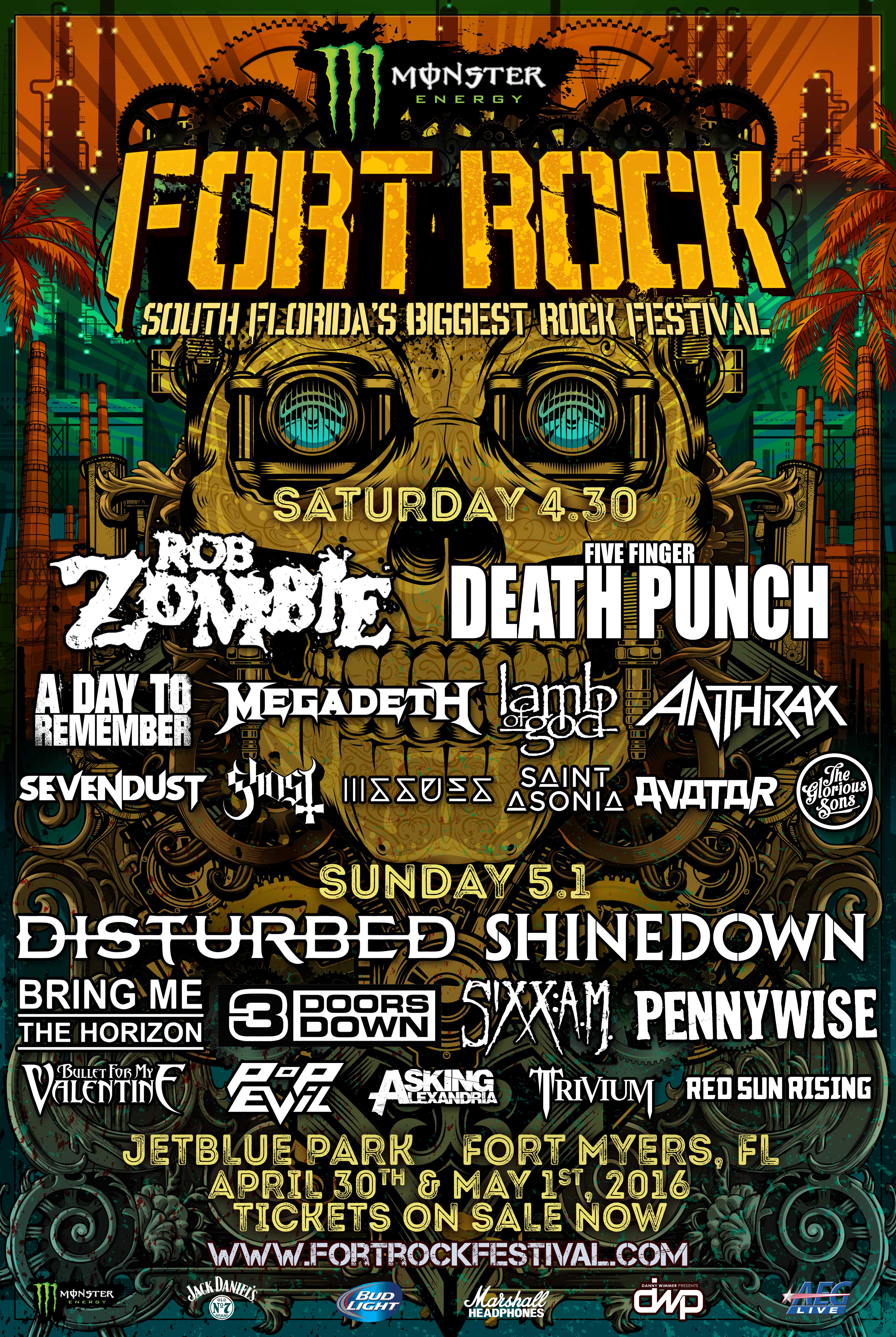 Monster Energy Fort Rock: April 30 & May 1 at JetBlue Park in Fort Myers, FL (Rob Zombie, Disturbed, Shinedown, Five Finger Death Punch & many more)