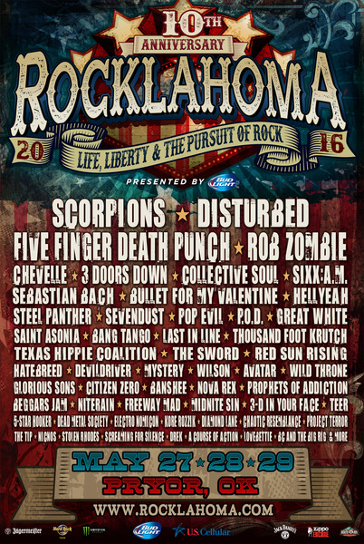 Rocklahoma Celebrates 10th Year May 27, 28 & 29; Scorpions, Disturbed, Five Finger Death Punch, Rob Zombie, Megadeth, Chevelle, 3 Doors Down, Sixx:A.M. & many more